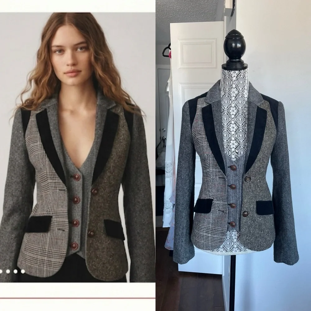 VTG Anthropologie Cartonnier Alma Mater Patchwork Herringbone Blazer Jacket.Sz 2 - Picture 1 of 10